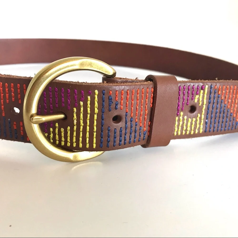 Fossil Brown Leather Multi Colored Stitch Belt (Lg)